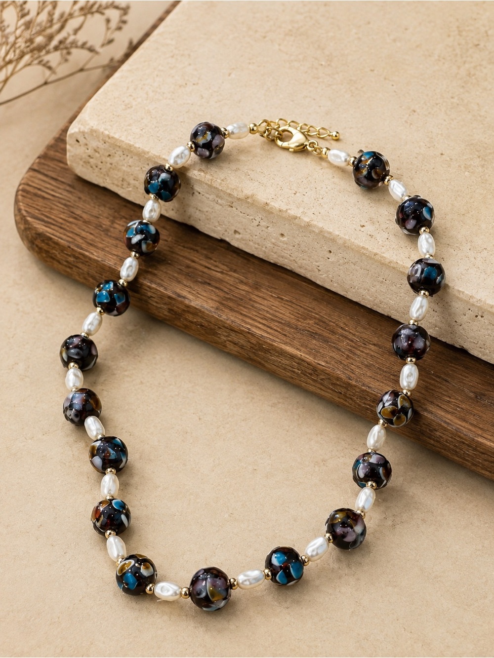Lampwork Glass Bead & Faux Pearl Necklace